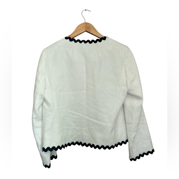J.Crew Linen Blend WhiteBlack Trim Scallop Zig Zag Casual Work Blazer Size 10 - Picture 3 of 13